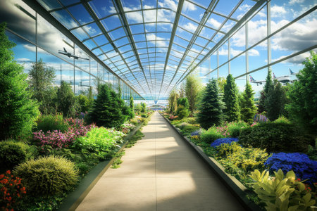 Vibrant pathway lined with greenery and colorful flowers creates a soothing atmosphere inside the airport.の写真素材