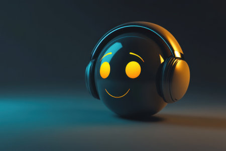 A cheerful black sphere wearing headphones radiates a sense of joy and passion for music in a creative setting.の写真素材