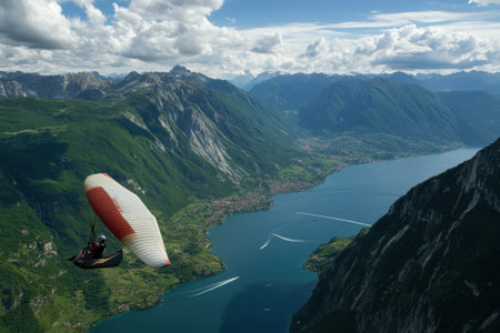 A paraglider soars high over a picturesque lake and lush mountains on a sunny summer day.の写真素材