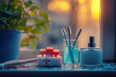Bright sunlight streams through a window highlighting dental care items like toothbrushes and mouthwash.の写真素材