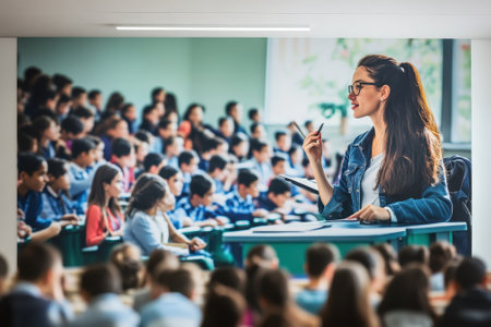A group of students attentively listens to an instructor conducting a lesson in a classroom setting.の写真素材