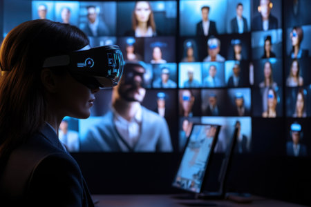 A professional uses virtual reality gear to connect with digital avatars in a dark, high-tech office setting.の写真素材