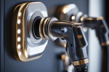 Sleek electric vehicle charging station features multiple charging ports with a contemporary design in a city setting.の写真素材