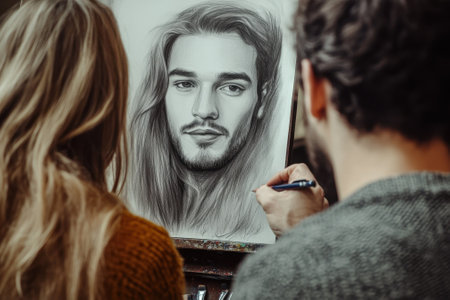 An artist works on a charcoal portrait of a young man, capturing his features in a creative atmosphere.の素材