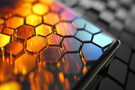 Vibrant hexagonal design illuminates a smartphone display, reflecting light and colors in a striking pattern.の写真素材
