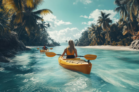 Two people are kayaking in turquoise waters surrounded by palm trees under a bright sky.の写真素材