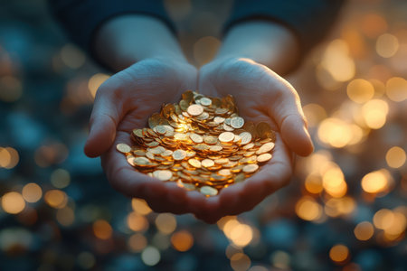 A person displays a generous collection of shiny coins while surrounded by soft golden light.の写真素材