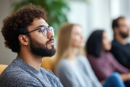 A diverse group of young adults focused on a presentation, showcasing attentive expressions in a contemporary space.の写真素材