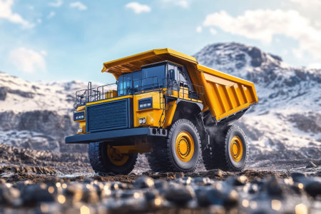 A large yellow dump truck works on a rugged landscape with mountains and blue sky, showing its robust design.の写真素材