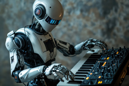 A humanoid robot skillfully plays a synthesizer, showcasing advanced technology in music creation.の写真素材