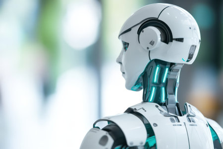 A sleek humanoid robot stands in an urban environment, displaying its futuristic design and technology.の写真素材