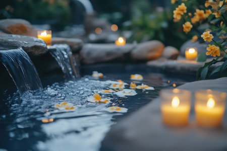 Soft candlelight reflects on water while yellow flowers float peacefully in a serene garden setting.の写真素材
