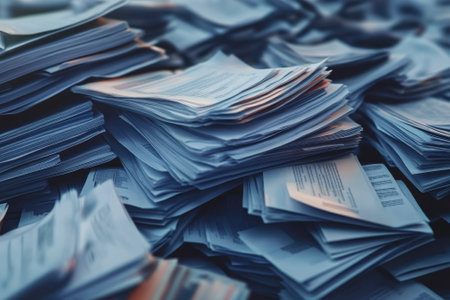 Stacks of paperwork and documents create a chaotic workspace in a professional setting during office hours.の写真素材