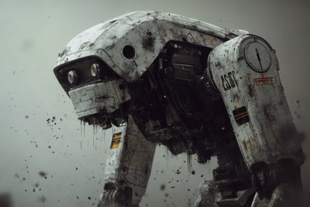 A rugged robot stands in a barren setting, showing its intricate design and weathered features, surrounded by dust.の写真素材