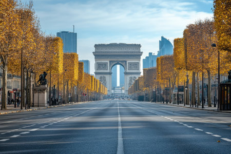 Paris exhibits a tranquil morning with golden trees framing the Arch de Triomphe under a clear sky.の写真素材