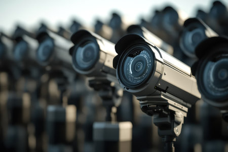 Multiple high-definition security cameras are positioned closely in a surveillance array outdoors.の写真素材