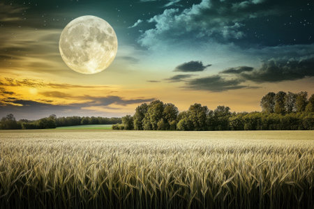 A serene view of a wheat field illuminated by a bright moon, with trees silhouetted against the night sky.の写真素材