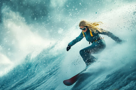 A skilled athlete rides a large wave, showing agility and control in a cold, snowy environment.の写真素材