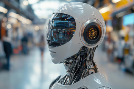 A humanoid robot stands in a bustling urban space, showcasing intricate technology and design.の写真素材