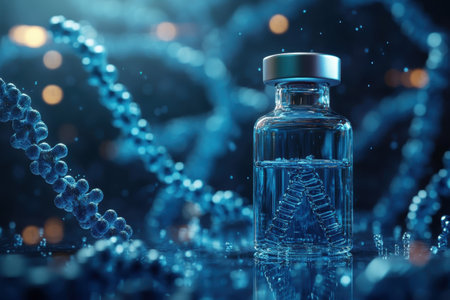 A clear vial containing liquid is surrounded by twisting strands of DNA, illuminated in a lab setting.の写真素材