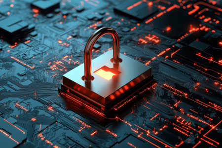 A metallic padlock sits centered on a dark circuit board, illuminated by red and orange lights showing cybersecurity.の写真素材