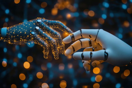 Two intricate robotic hands extend towards each other, shimmering with lights against a dark background.の写真素材