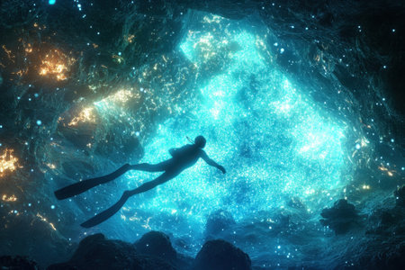 A diver explores a stunning underwater cave glowing with sparkling blue light, revealing its aquatic beauty.の写真素材