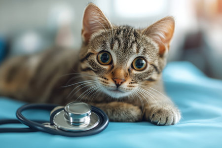A playful tabby kitten lies on a blue surface, comfortably near a stethoscope at a veterinary clinic.の写真素材