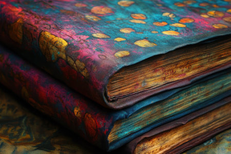 Stacked vintage books display vibrant covers with unique patterns in a cozy setting, inviting curious readers.の写真素材