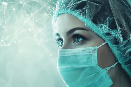 A dedicated healthcare worker is attentively looking ahead, fully equipped with a mask and cap, emphasizing safety.の写真素材