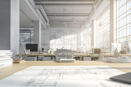 Bright, spacious office filled with natural light and architectural plans on a wooden table.の写真素材
