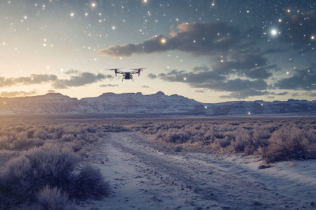 A drone hovers above a desert trail at twilight, surrounded by sparse vegetation and a starry sky.の写真素材