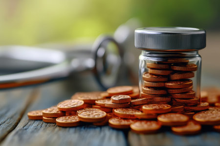 Copper coins are neatly stacked in a glass jar on a wooden surface near metal scissors under soft light.の写真素材
