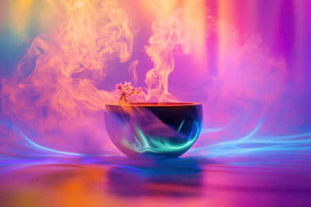 A translucent bowl is filled with swirling, colorful smoke and a small flower, creating an ethereal atmosphere.の写真素材