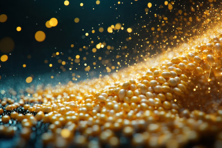 Glimmering golden grains scatter across a surface, capturing light with a captivating sparkle at dusk.の写真素材
