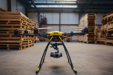 A yellow drone equipped with a camera is set and ready for takeoff in a spacious warehouse lined with pallets.の写真素材