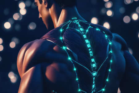 A muscular figure faces away, showing glowing circuitry lines on a dark backdrop.の写真素材
