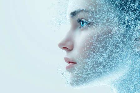 A woman gazes intently, her features blending into a cloud of shimmering, ethereal particles around her.の写真素材