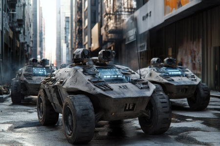 Advanced robotic vehicles navigate through an abandoned city, showing a blend of technology and decay.の写真素材