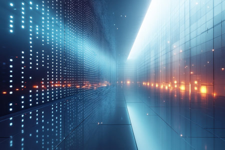 A sleek corridor illuminated by vibrant lights and projected digital patterns creates a tech-inspired atmosphere.の写真素材