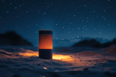 A glowing speaker stands on the sand at night, surrounded by twinkling stars in a serene beach atmosphere.の写真素材