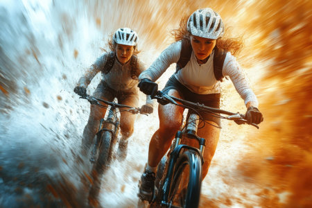 Two cyclists are speeding down a trail, surrounded by vivid splashes of water.の写真素材