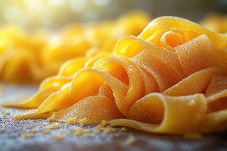 Golden fettuccine noodles are laid out on a wooden surface, illuminated by soft, warm light.の写真素材