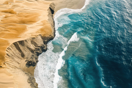 Waves gently crash against cliffs while golden sand dunes stretch toward the horizon in a serene coastal landscape.の写真素材