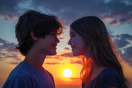 Two young people smile at each other, framed by a vibrant sunset, creating a romantic vibe.の写真素材