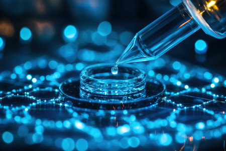 A droplet is gently added to a glass dish, highlighting the vibrant blue illumination surrounding it.の写真素材