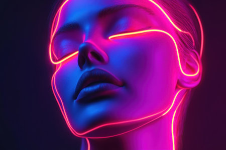 A close-up view of a model's face illuminated by bright neon lights, emphasizing her contours and expression.の写真素材