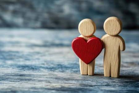 Wooden figurines stand together, one holding a bright red heart, symbolizing love and connection.の写真素材