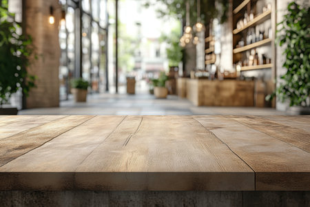 The inviting wooden table sits in a stylish cafÃ© adorned with plants and natural light.の写真素材