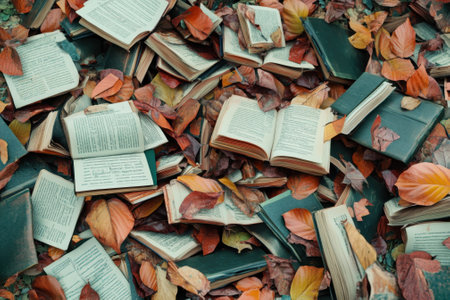 Open books lie on the ground, surrounded by vibrant autumn leaves in a tranquil setting.の写真素材
